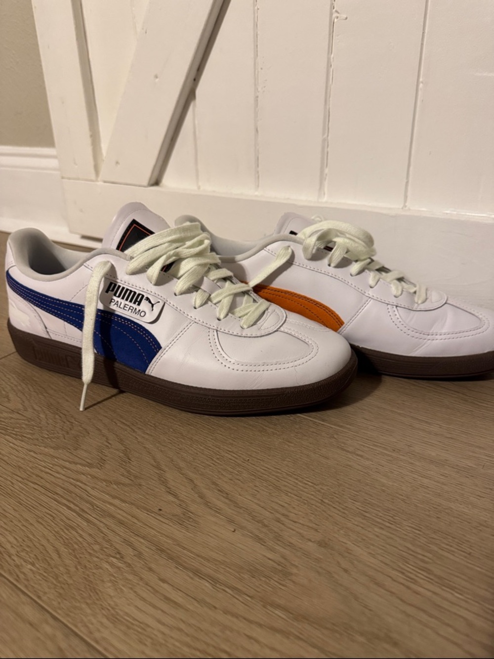 Puma Palermo White Sneakers with Blue and Orange Stripes